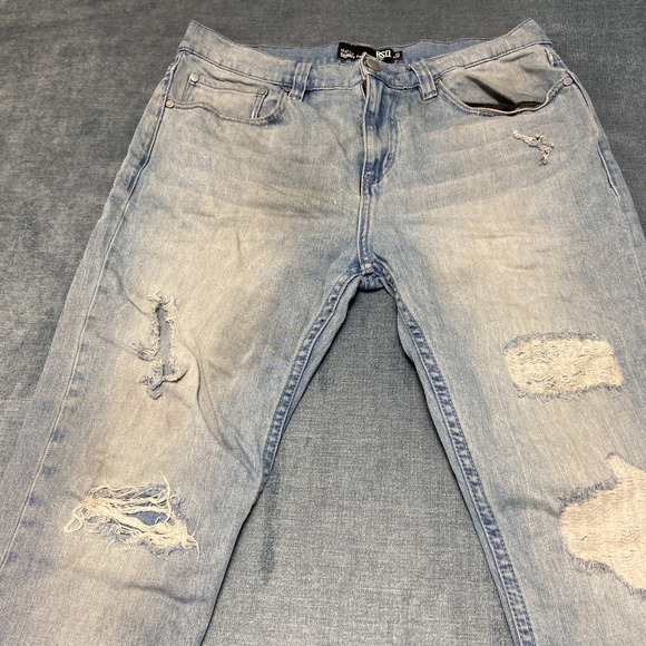 RSQ Seattle Skinny Tapered Jeans Mens 33x30 Blue Denim Cotton Stretch Distressed - Picture 4 of 16